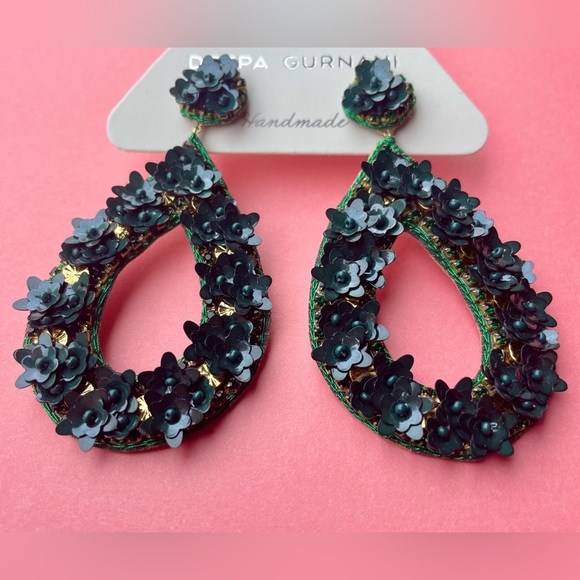 NWT Deepa Gurnani Anthro Beaded Crystal Flower Statement Earrings Forest Green - Picture 3 of 14